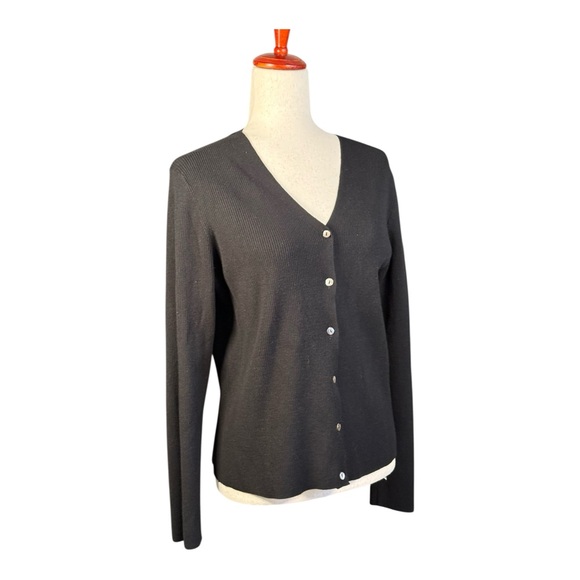Max Studio Minimalist Black Ribbed Cardigan Sweater Button Front NWT Large - Picture 2 of 7